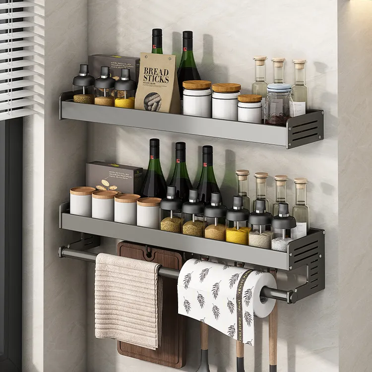 枪灰厨房置物架免打孔调料架壁挂多功能挂钩调味品家用大全收纳架