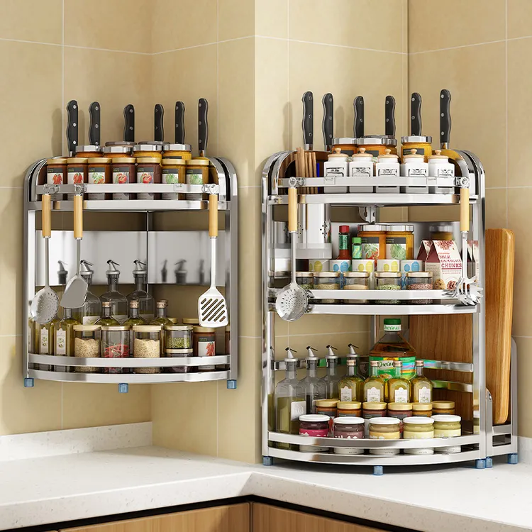 厨房多功能置物架调味品调料架厨房用具壁挂三角架不锈钢收纳架子