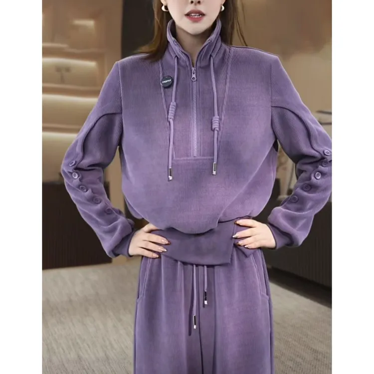 2025时尚设计感加绒紫色半拉链套头卫衣+休闲阔腿长裤两件套装潮