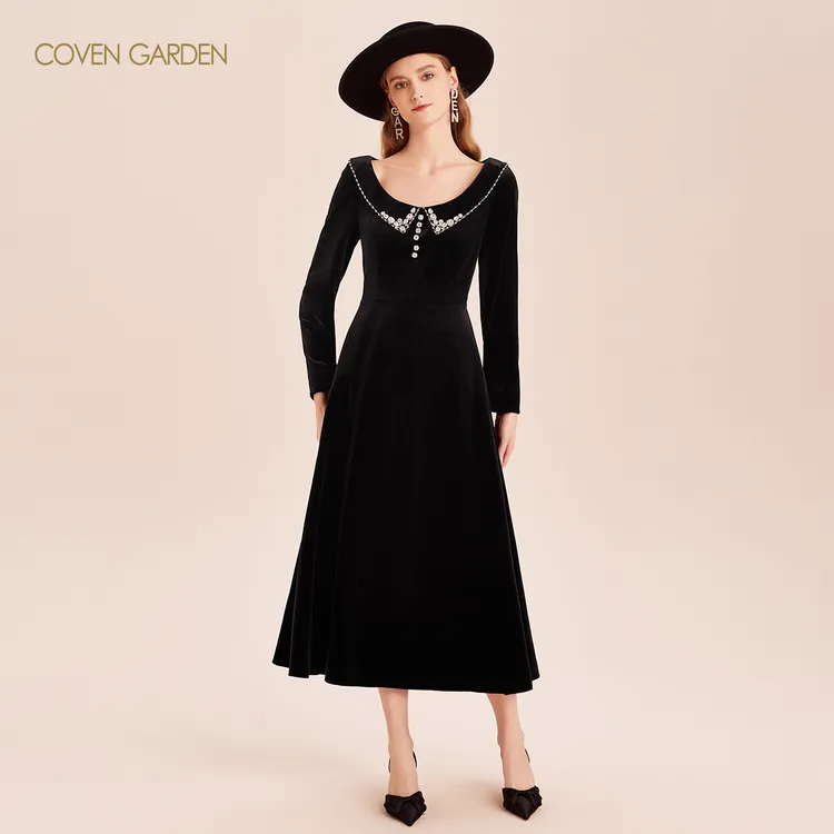 哥文花园 黑色端庄丝绒法式连衣裙 CLA4083220