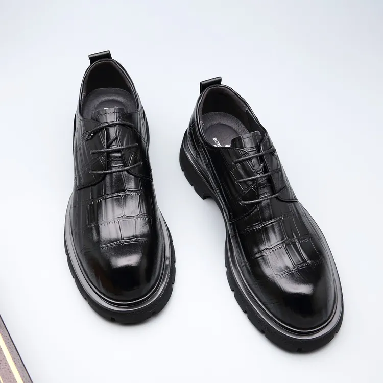 柏.尼.烟.斗时尚皮鞋透气系带真皮潮流厚底休闲男皮鞋百搭男士