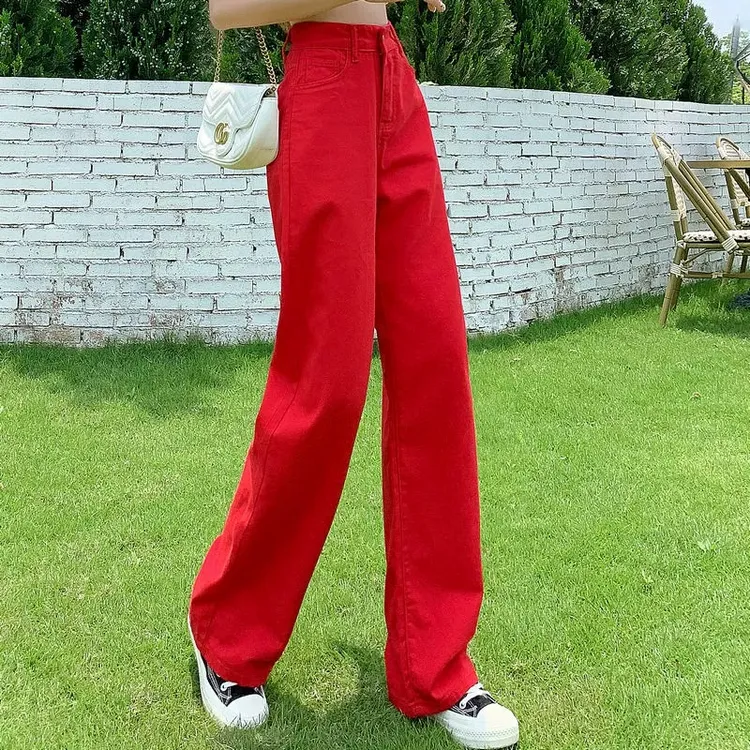 2025秋冬红色牛仔裤加绒裤子直筒拖地遮肉时尚高腰显瘦阔腿裤子女