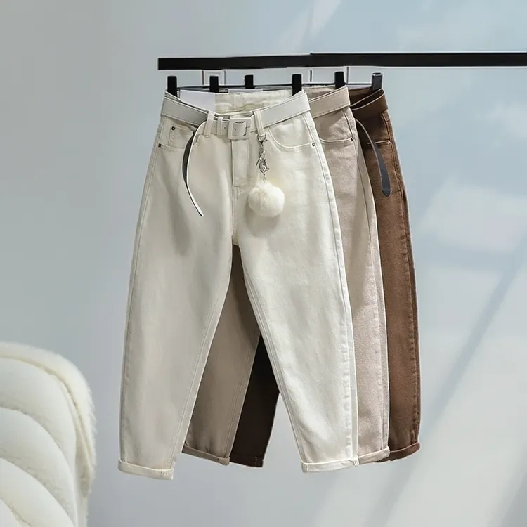 白色老爹裤女士2025年秋冬加绒加厚高腰宽松显瘦百搭哈伦牛仔裤子