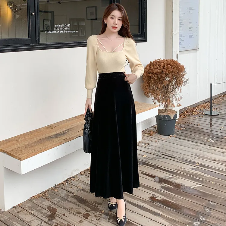 加绒加厚金丝绒半身裙春秋女2025新款黑色长裙a字裙百搭