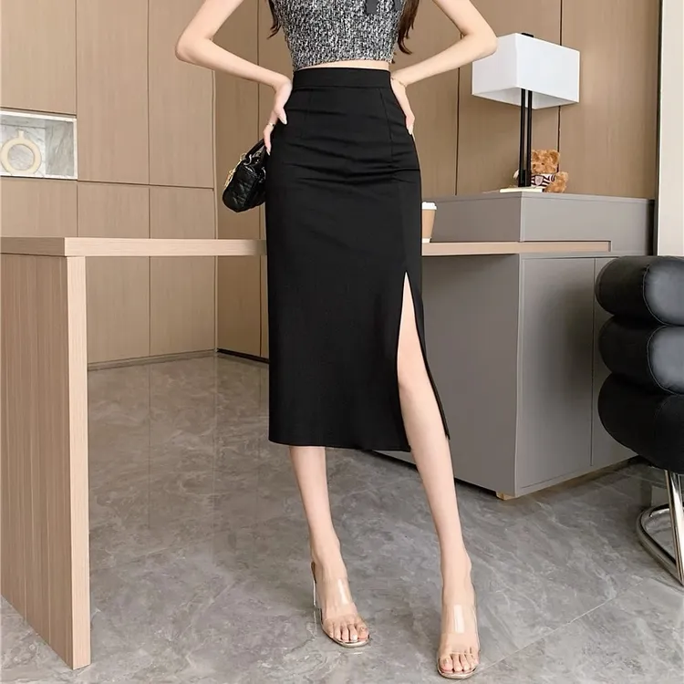 时尚新款高腰夏季半身裙女春夏黑色侧开叉小个子包臀裙显瘦半身裙