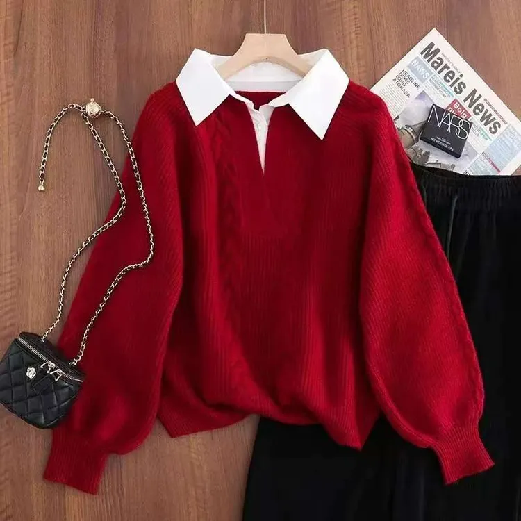 衬衣领拼接假两件针织毛衣女 复古红色圣诞战袍秋冬百搭长袖上衣