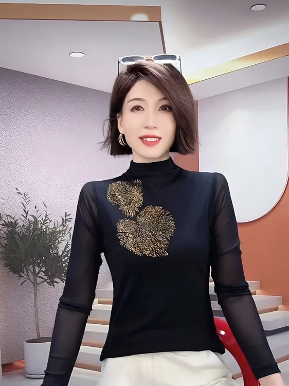 高领2025春秋季修身弹力大码女款气质服装显瘦打底衫潮t上衣黑色