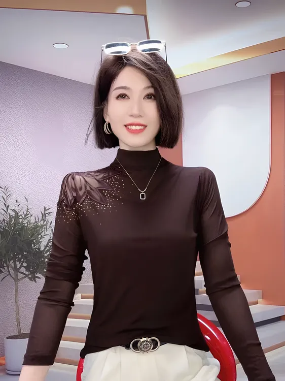 性感镂空网纱长袖T恤欧货时尚烫钻上衣洋气百搭高领打底衫女秋冬