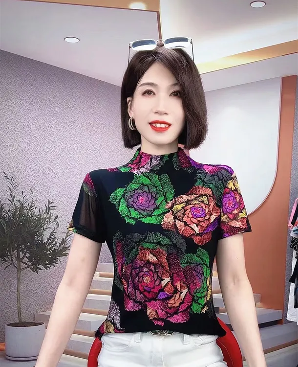 时髦网纱短袖上衣打底衫2025夏季女装显瘦半高领高档网纱打底衫