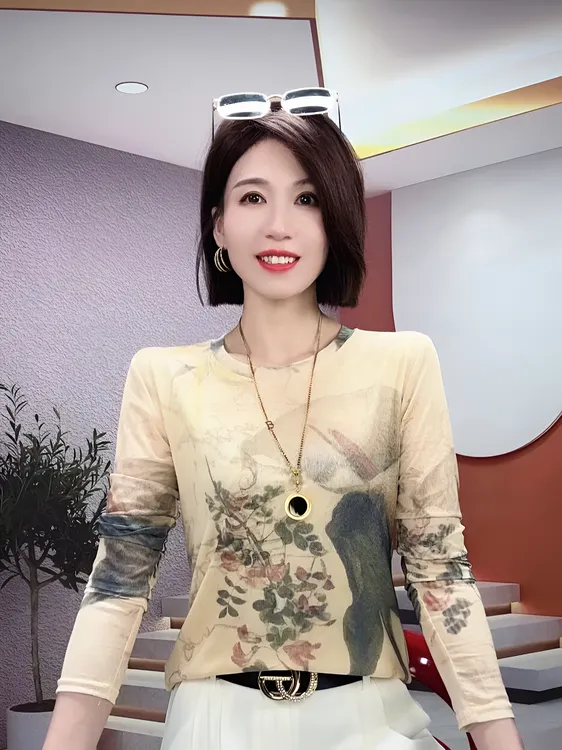 春装新款复古印花T恤女长袖气质减龄网纱上衣修身显瘦纱衣打底衫