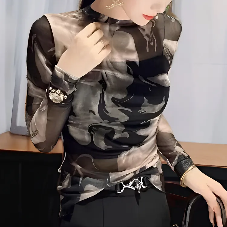 欧货2025春秋女时尚纱网水墨印花长袖圆领T恤修身打底衫上衣显瘦t