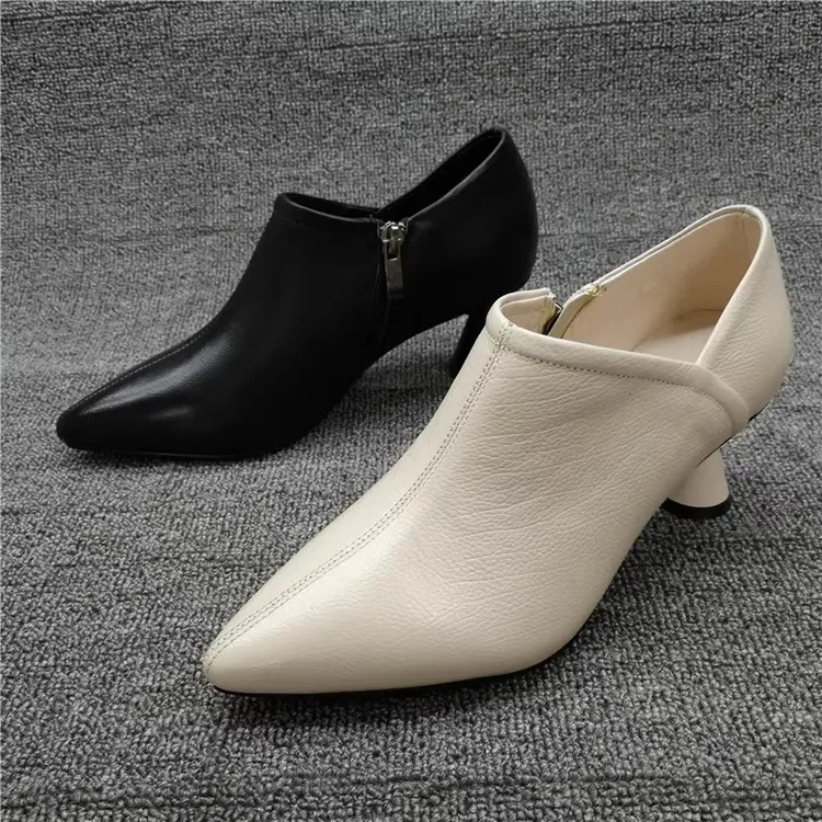 品牌撤柜新款真皮女鞋尖头粗跟牛皮侧拉链淑女优雅气质时尚女踝靴