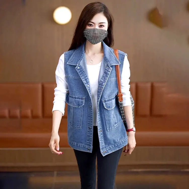 大码气质百搭牛仔马甲女短款2025春秋宽松休闲减龄大口袋坎肩背心