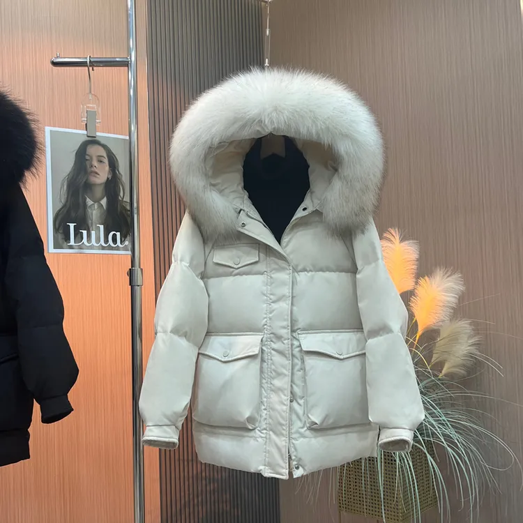 大毛领羽绒服女短款2025年冬季新款小个子白鸭绒加厚外套