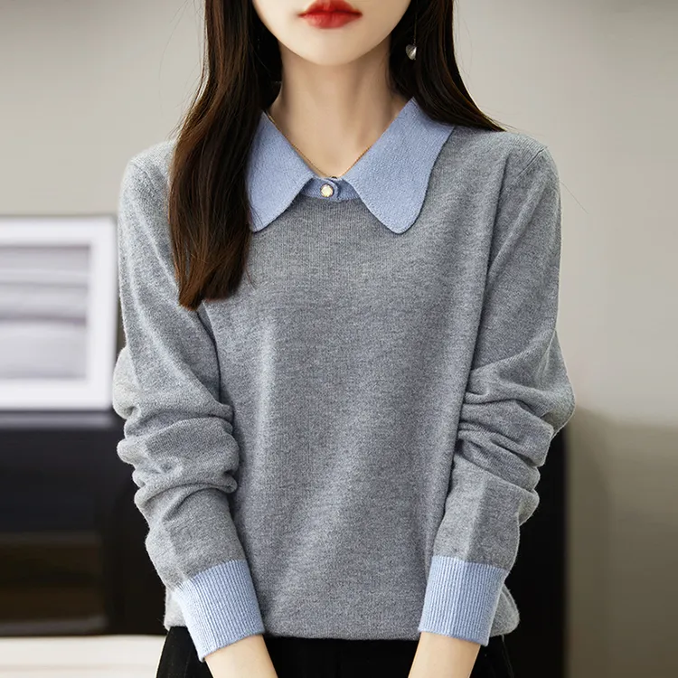 2025时尚洋气百搭上档次假两件衬衫领毛衣秋冬季撞色羊毛打底衫女