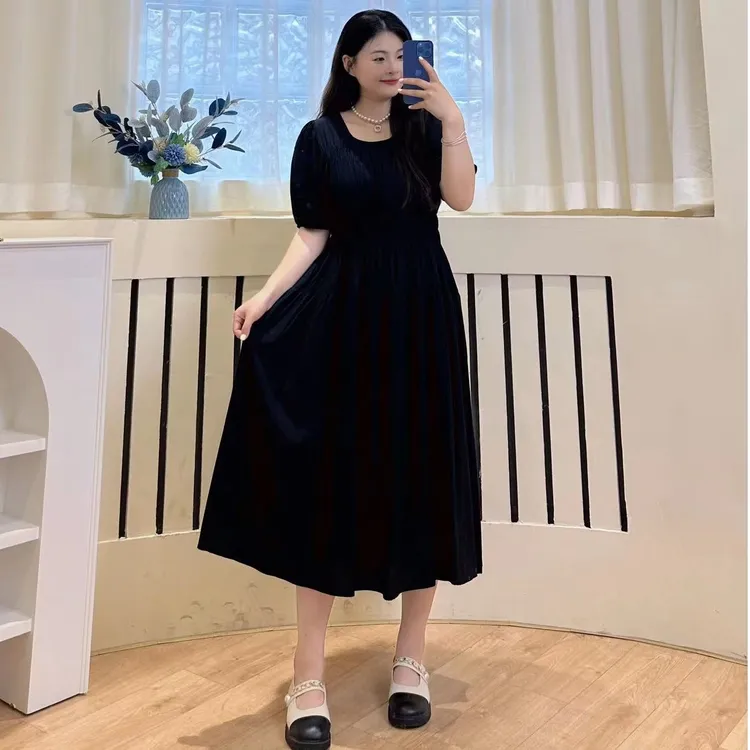 2025夏季短袖【莱赛尔】窄肩泡泡袖柔软亲肤收腰遮肉显瘦气质长裙