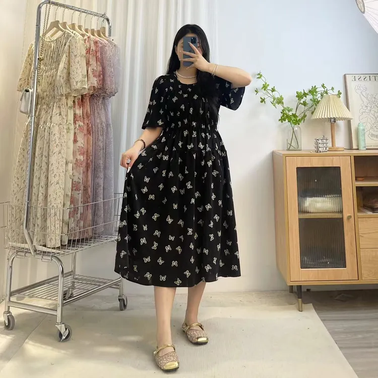 2025夏新【小蝴蝶】卡通可爱胖mm高腰松紧腰大码遮肉显瘦高腰连衣裙