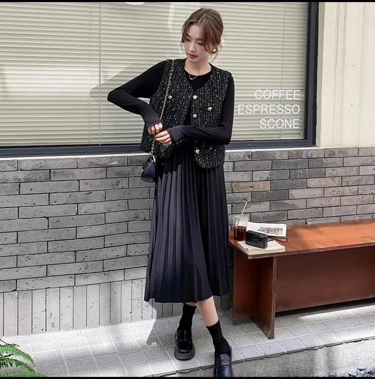 【张小静】大码轻奢小香风胖mm遮肉显瘦马甲连衣裙两件套百搭套装