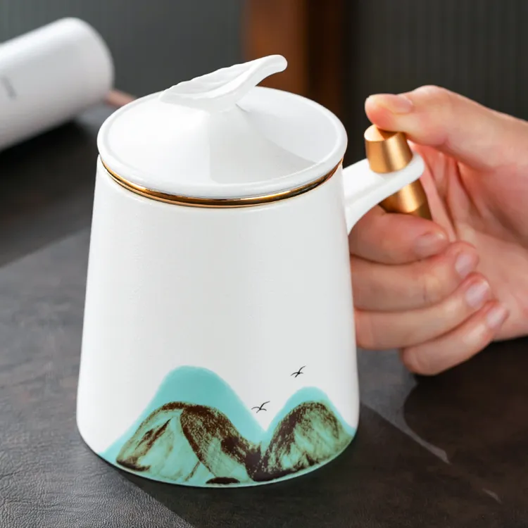 静瓷斋高档陶瓷办公杯家用茶水分离泡茶杯带盖过滤定制描金喝水杯