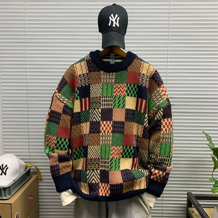 毛衣圆领套头撞色格子民族风设计感秋冬新款潮牌休闲毛针织线衣男