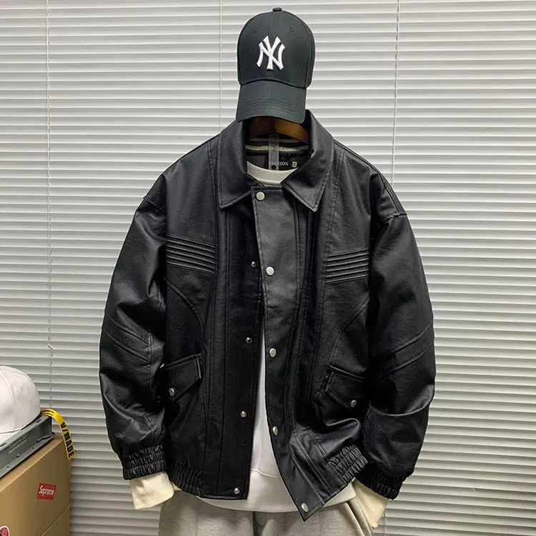 2025春秋新款PU皮夹克男休闲宽松运动美式潮牌机车服纯色工装外套