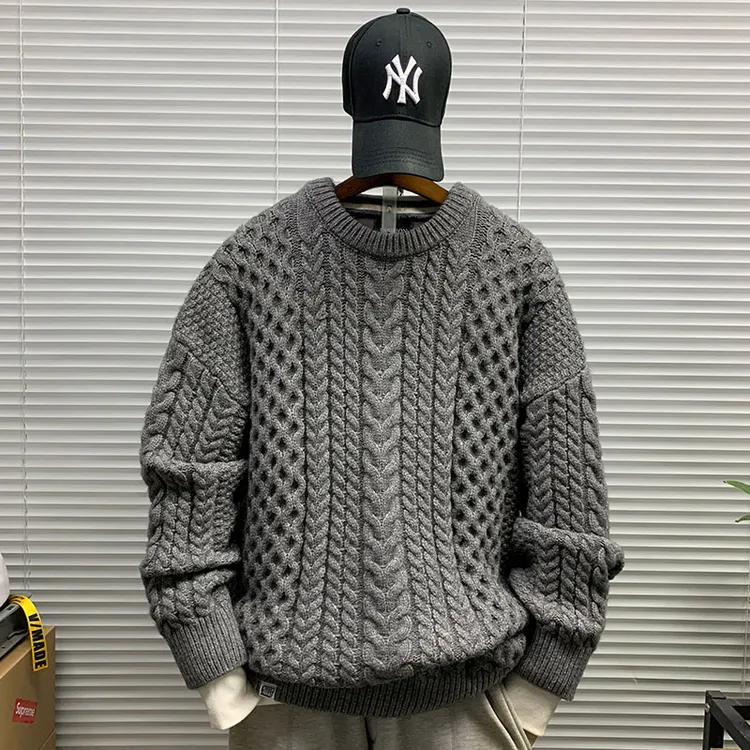 美式复古港风潮牌针织衫毛衣外套男士秋冬纯色休闲宽松内搭毛线衣