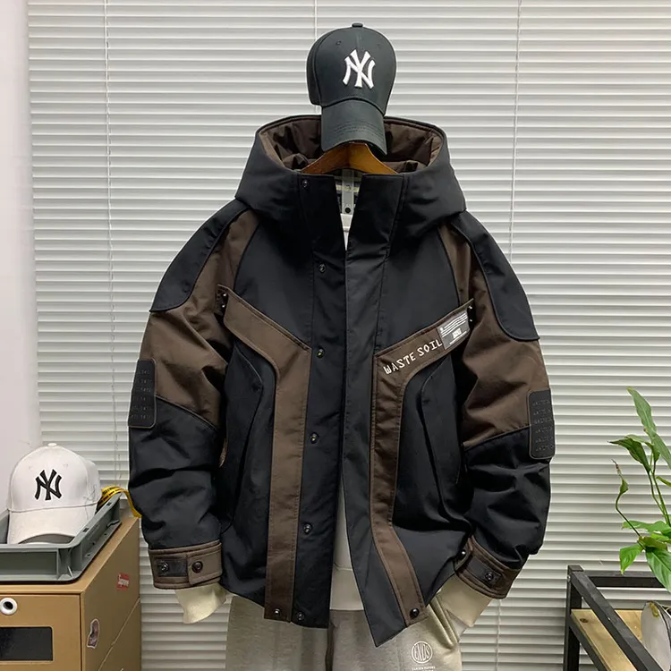 工装潮牌连帽白鸭绒羽绒服外套男士冬季撞色防风保暖休闲运动夹克