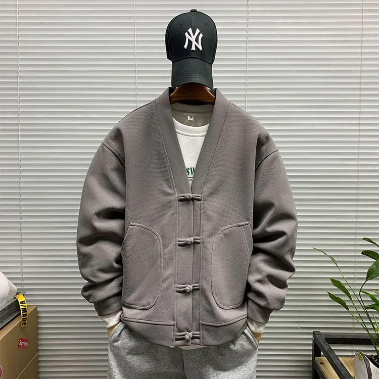 春秋新款新中式盘扣设计感华夫格夹克男潮牌休闲宽松百搭开衫外套