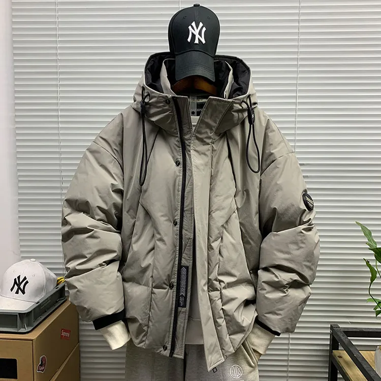 工装潮牌白鸭绒连帽羽绒服外套男冬季休闲宽松加绒保暖高街面包服