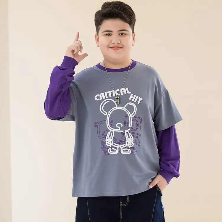 胖童圆领卫衣男童加肥加大秋装长袖中大童大码童装假两件个性上衣