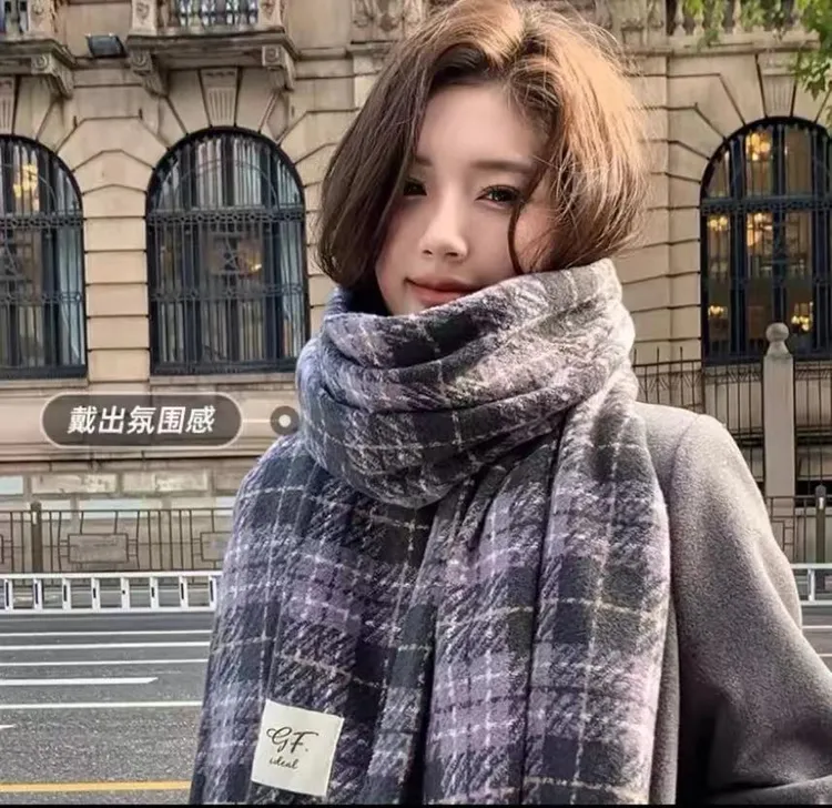 秋冬新款流苏格子围巾女高级感百搭保暖韩版时尚围脖百搭秋冬围巾