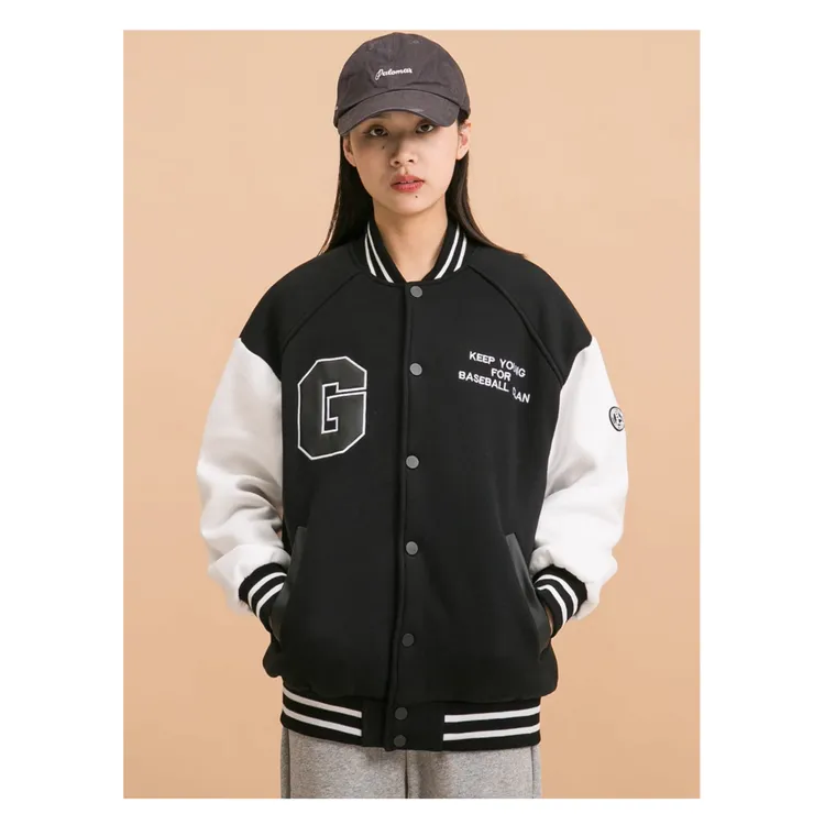 欧美宽松外套50CENT拼接复古宽松hiphop情侣款棒球服百搭秋冬撞色