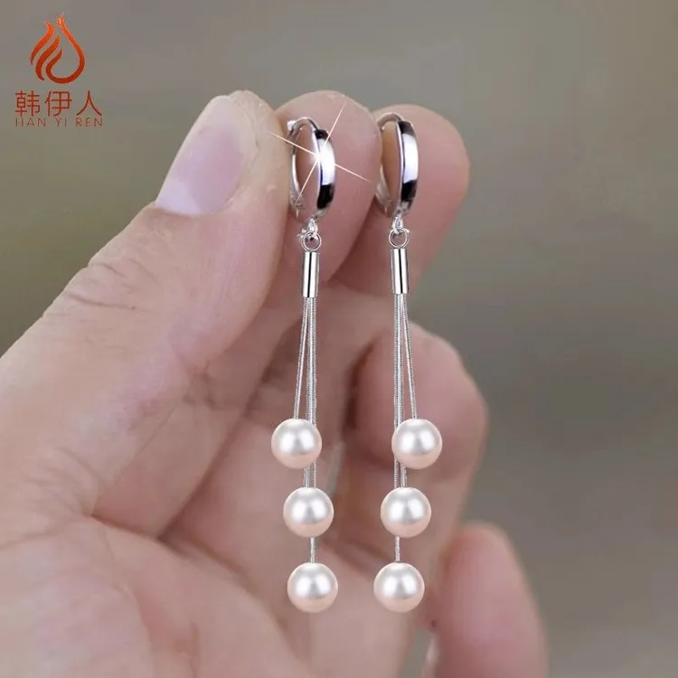 925银耳饰 S925防过敏耳扣白色珍珠耳环2024年新款长款流苏送妈妈