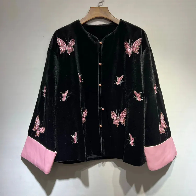 2024国风新中式秋冬新款丝绒重工蝴蝶刺绣外套女