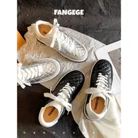 FANGEGE/梵歌歌7cm增高小香风新银色菱格纹圆头系带休闲运动鞋女