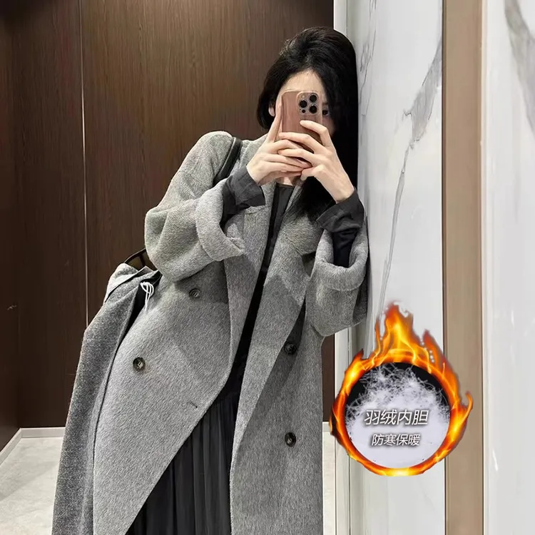 高级感灰色双面呢大衣女中长款秋冬季显瘦羽绒加厚内胆羊毛呢外套