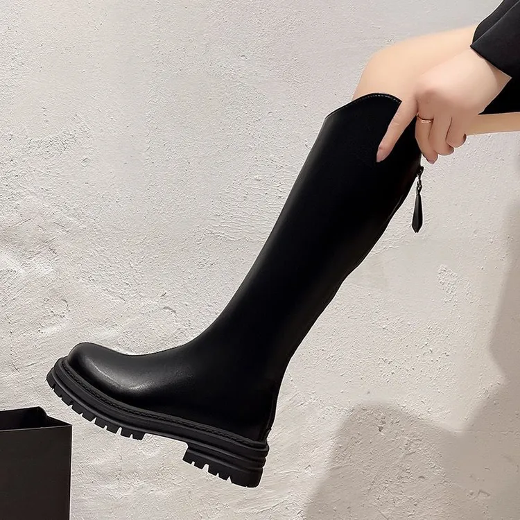 长靴v口长筒靴女2025年秋冬季女鞋新款加绒高筒小个子中筒骑士靴.