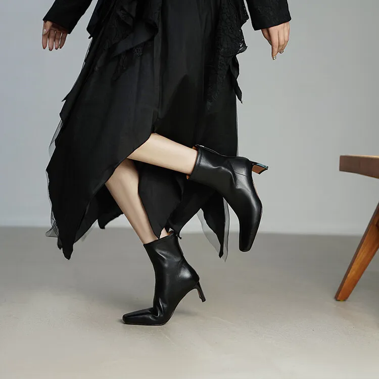 【蔻牌女鞋】5.5cm粗跟轻奢极简风短靴气质百搭小方头裸靴秋冬瘦靴