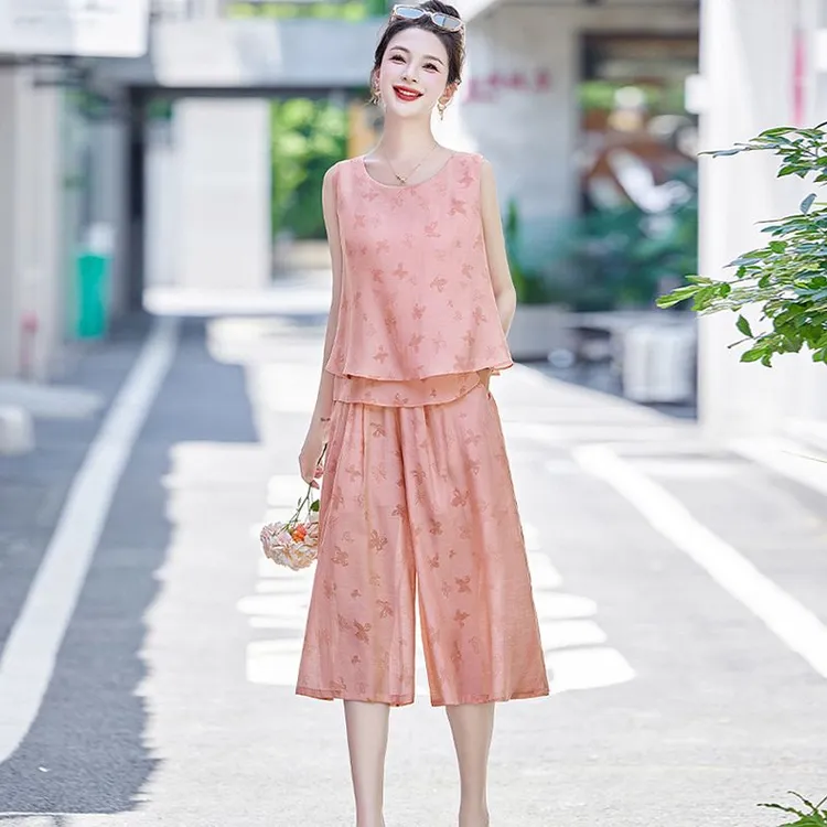 时尚休闲裙裤套装夏季新款今年流行无袖提花背心搭配阔腿裤两件套