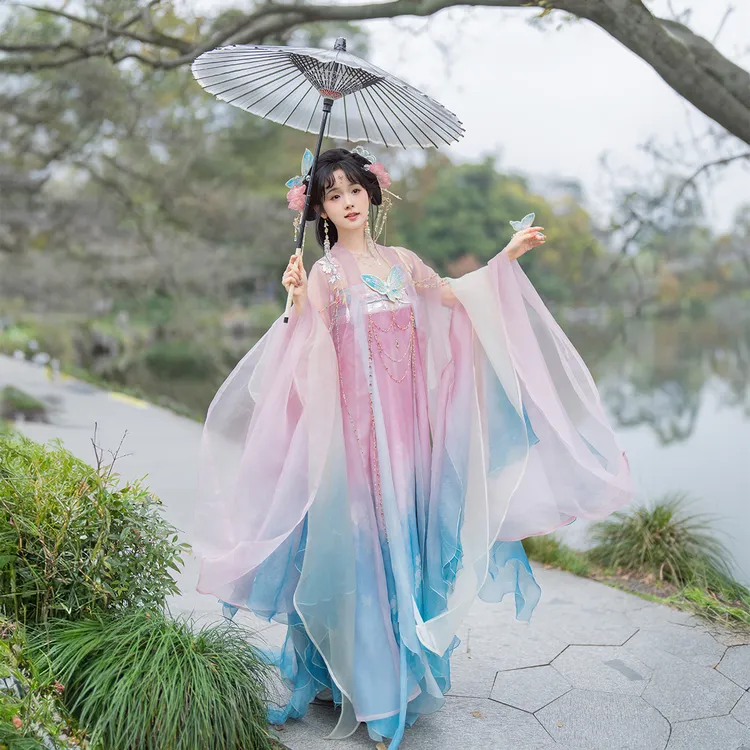 静还决 花花蝴蝶 原创唐制汉服花瓣袖齐胸裙超仙套装
