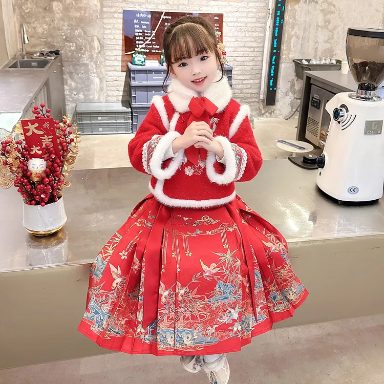 女宝宝中国风加厚马面裙套装洋气女孩汉服演出服女小童唐装拜年服