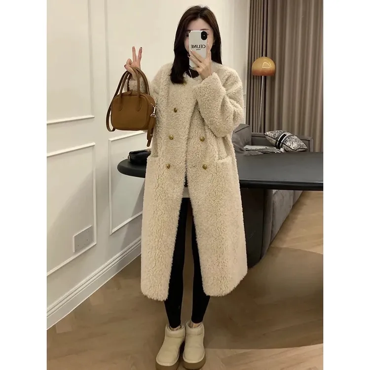 黔允小香风双排扣羊羔毛大衣女秋冬季慵懒穿搭加厚保暖皮毛一体