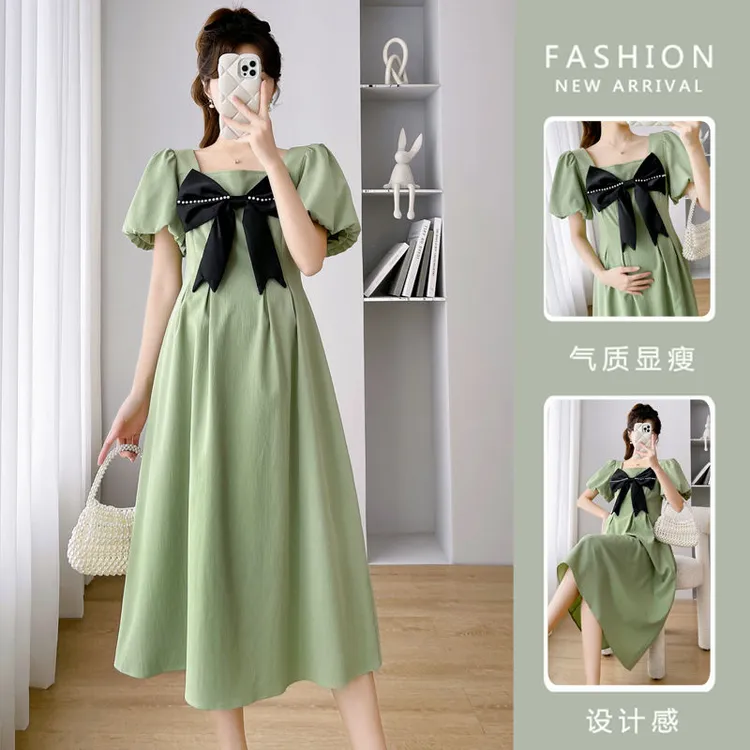 黔允孕妇装夏季新款时尚中长款蝴蝶结方领泡泡袖遮肚孕妇连衣裙