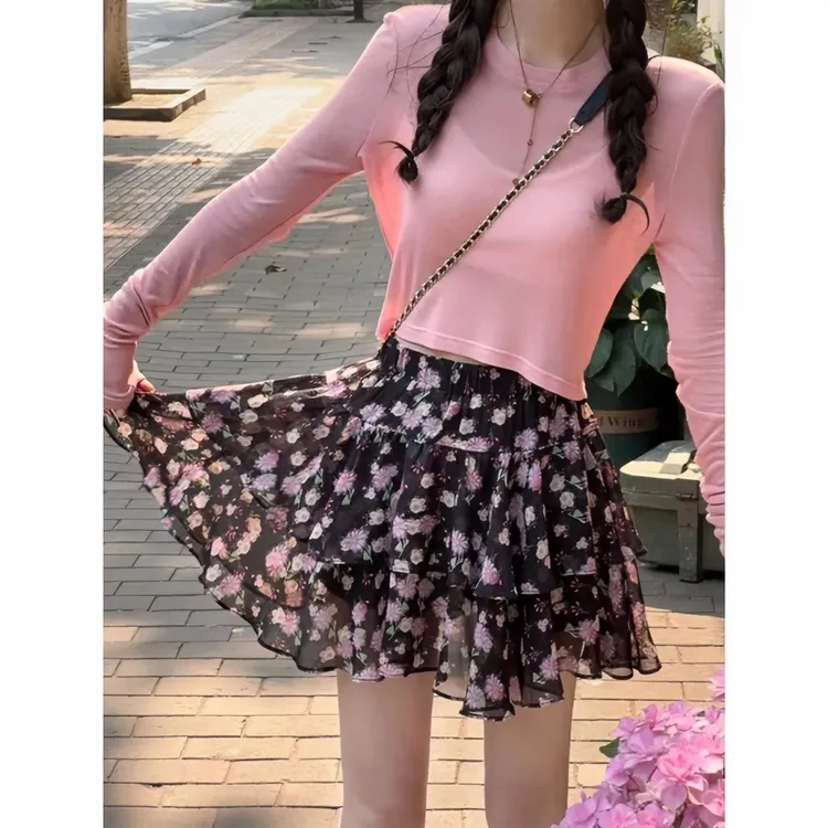 碎花雪纺半身裙女夏季2023新款小个子松紧高腰显瘦a字蛋糕短裙裤