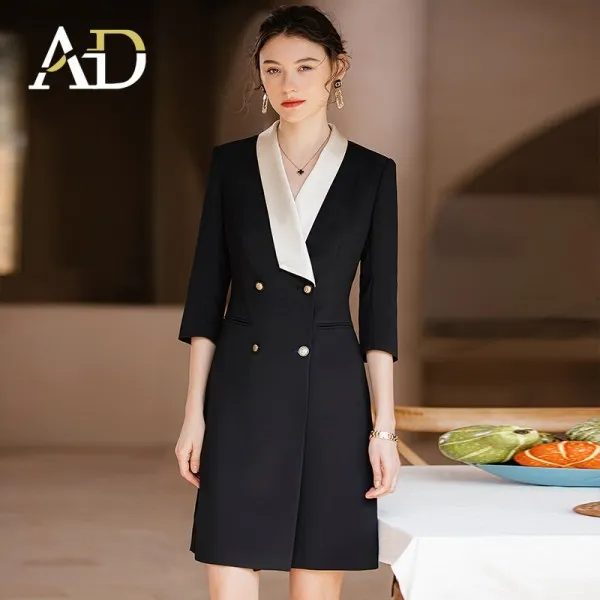 【直播专属】香槟金拼接醋酸西装连衣裙职业女神排扣高级感职业裙