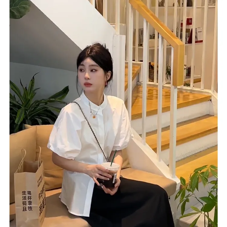 高级感法式小众白色衬衣宽松显瘦气质衬衫时尚立领百搭纯色上衣夏