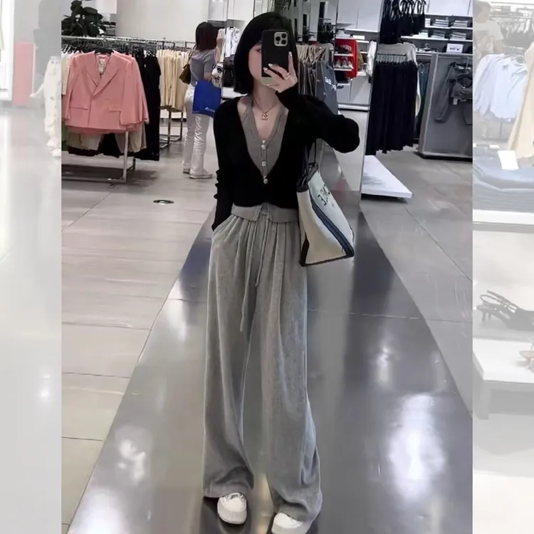 D1089休闲穿搭套装女秋冬新款挂脖假两件针织上衣阔腿裤两件套