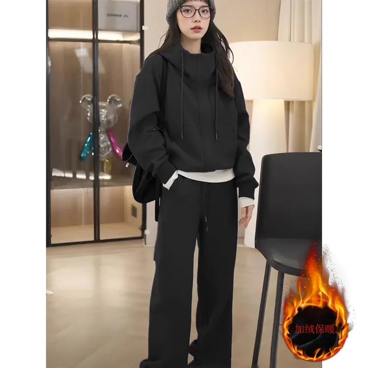 3018窄版阔腿裤小个子定制加绒秋冬休闲运动套装连帽款两件套时尚