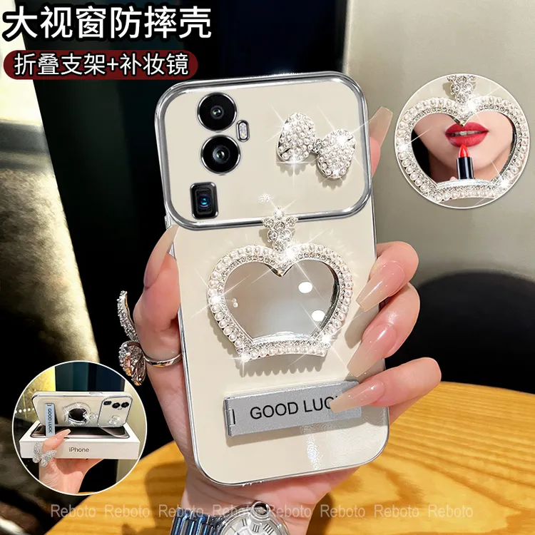 适用oppoReno10/10pro皇冠补妆镜大视窗手机壳创意防摔网红女款