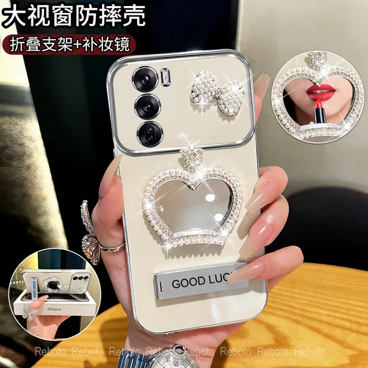 适用oppoReno12/pro皇冠补妆镜大视窗手机壳创意全包防摔网红女款